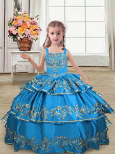 Satin Straps Sleeveless Lace Up Embroidery and Ruffled Layers Pageant Dress Toddler in Blue