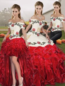 Designer Three Pieces Quinceanera Dress White And Red Off The Shoulder Organza Sleeveless Floor Length Lace Up