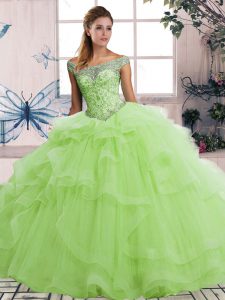 Glorious Sleeveless Floor Length Beading and Ruffles Lace Up Sweet 16 Dresses with Yellow Green