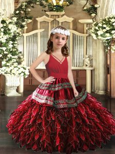 Sleeveless Floor Length Appliques and Ruffles Zipper Little Girl Pageant Dress with Red
