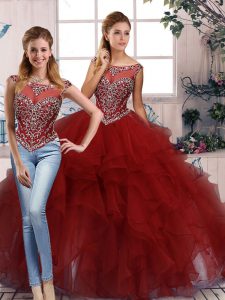 Burgundy Zipper Quince Ball Gowns Beading and Ruffles Sleeveless Floor Length