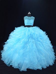 Aqua Blue Scoop Zipper Beading and Ruffles Quinceanera Gown Sleeveless