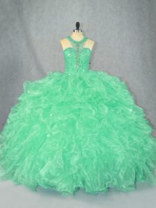 Apple Green Ball Gowns Organza Scoop Sleeveless Beading and Ruffles Floor Length Zipper Quince Ball Gowns