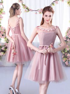 Sleeveless Tulle Knee Length Lace Up Dama Dress in Pink with Appliques and Belt