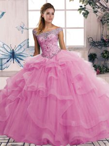 Elegant Rose Pink Tulle Lace Up Off The Shoulder Sleeveless Floor Length 15th Birthday Dress Beading and Ruffles