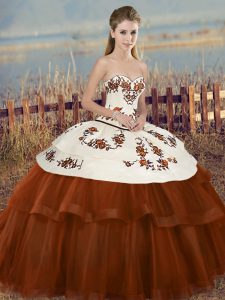 Brown Tulle Lace Up Sweetheart Sleeveless Floor Length Quinceanera Dress Embroidery and Bowknot