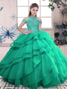 Turquoise Ball Gowns Beading and Ruffles 15 Quinceanera Dress Lace Up Organza Sleeveless Floor Length