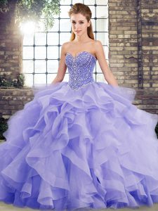 Trendy Lavender Lace Up Quinceanera Gowns Beading and Ruffles Sleeveless Brush Train