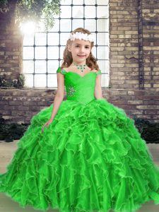 Green Lace Up Pageant Dress Wholesale Beading and Ruffles Sleeveless Floor Length