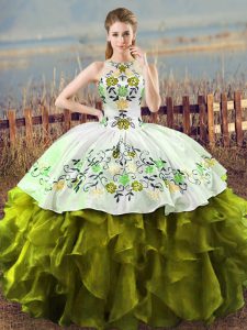Custom Fit Olive Green Lace Up Quinceanera Gown Embroidery and Ruffles Sleeveless Floor Length