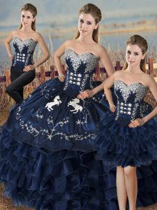 Navy Blue Ball Gowns Embroidery and Ruffles Quinceanera Gowns Lace Up Satin and Organza Sleeveless High Low