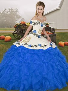Excellent Royal Blue Lace Up Off The Shoulder Embroidery and Ruffles Quinceanera Gowns Organza Sleeveless