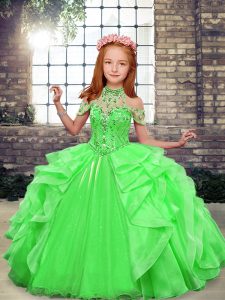 Ball Gowns Little Girls Pageant Dress Wholesale Green High-neck Organza Sleeveless Floor Length Lace Up