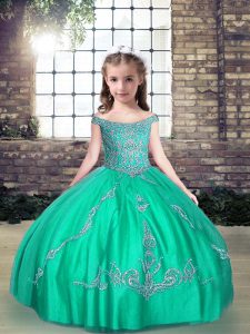 Gorgeous Turquoise Off The Shoulder Lace Up Beading Little Girls Pageant Dress Wholesale Sleeveless
