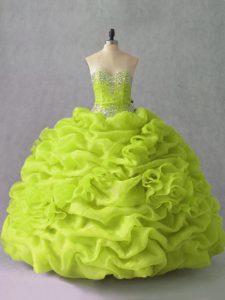 Edgy Yellow Green Ball Gowns Beading and Pick Ups and Hand Made Flower 15 Quinceanera Dress Lace Up Organza Sleeveless Floor Length