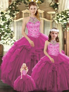 Excellent Fuchsia Sleeveless Beading and Ruffles Floor Length Quince Ball Gowns