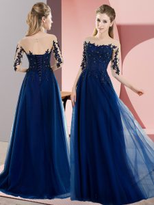 Nice Bateau Half Sleeves Lace Up Dama Dress for Quinceanera Navy Blue Chiffon