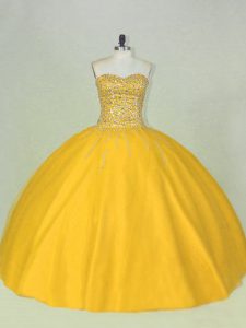 Smart Scoop Sleeveless Vestidos de Quinceanera Floor Length Beading Gold Tulle
