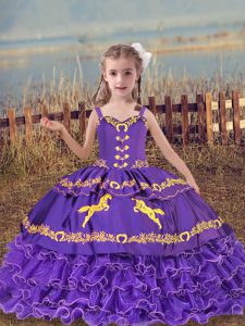 Straps Sleeveless Pageant Gowns Floor Length Beading and Embroidery and Ruffled Layers Lavender Organza