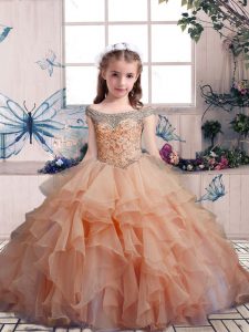Beautiful Floor Length Ball Gowns Sleeveless Peach Pageant Gowns For Girls Lace Up