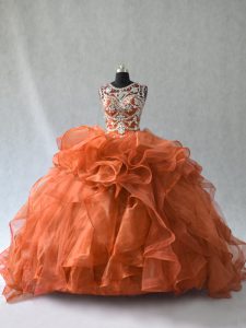 Graceful Scoop Sleeveless Lace Up Quinceanera Dresses Rust Red Organza