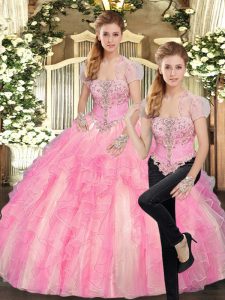 Pretty Floor Length Baby Pink Sweet 16 Dresses Strapless Sleeveless Lace Up