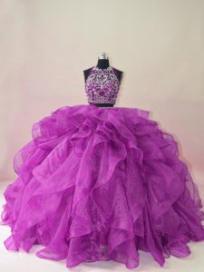 Purple Halter Top Backless Beading and Ruffles Ball Gown Prom Dress Brush Train Sleeveless