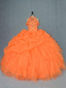 Fitting Organza High-neck Sleeveless Lace Up Beading and Ruffles Quinceanera Gown in Orange