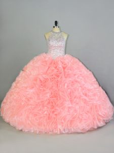 Clearance Peach Ball Gowns Organza Halter Top Sleeveless Beading and Ruffles Lace Up Vestidos de Quinceanera
