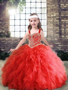 Floor Length Lace Up Little Girls Pageant Dress Wholesale Red for Party and Wedding Party with Beading and Ruffles