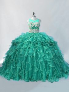 Modern Sleeveless Organza Brush Train Zipper 15th Birthday Dress in Turquoise with Beading and Ruffles