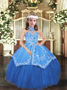 Blue High-neck Lace Up Embroidery Little Girl Pageant Gowns Sleeveless