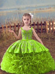 Straps Sleeveless Sweep Train Lace Up Little Girls Pageant Dress Yellow Green Fabric With Rolling Flowers
