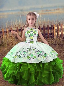 Green Ball Gowns Organza Scoop Sleeveless Embroidery and Ruffles Floor Length Lace Up Glitz Pageant Dress