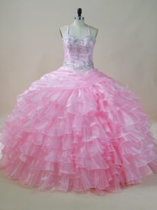 Sleeveless Floor Length Embroidery and Ruffled Layers Lace Up 15 Quinceanera Dress with Baby Pink