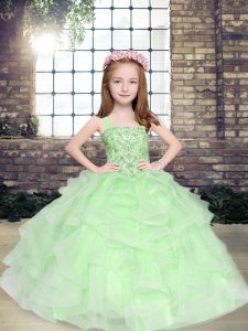 Straps Sleeveless Little Girls Pageant Dress Floor Length Beading and Ruffles Apple Green Tulle