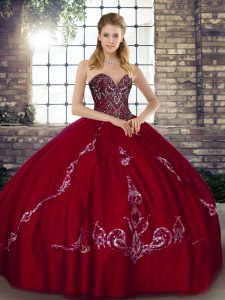 Custom Made Ball Gowns Sweet 16 Dresses Wine Red Sweetheart Tulle Sleeveless Floor Length Lace Up