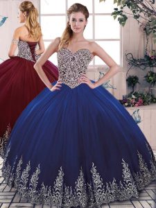 Beading and Embroidery Quinceanera Dress Royal Blue Lace Up Sleeveless Floor Length