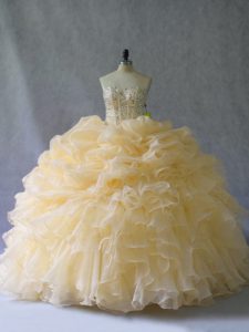 Dazzling Floor Length Gold Quinceanera Dresses Organza Sleeveless Beading and Ruffles and Pick Ups