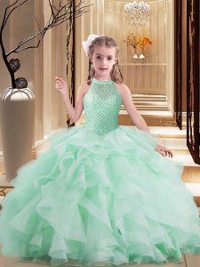 Beauteous Apple Green Sleeveless Beading and Ruffles Floor Length Pageant Gowns For Girls