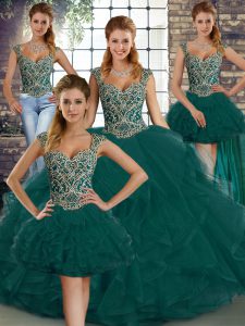 Best Ball Gowns 15th Birthday Dress Peacock Green Straps Tulle Sleeveless Floor Length Lace Up