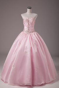 Free and Easy Floor Length Baby Pink Quinceanera Gown Organza Sleeveless Beading and Embroidery