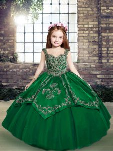 Nice Straps Sleeveless Lace Up Little Girl Pageant Dress Dark Green Tulle