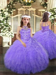 Sleeveless Floor Length Beading and Ruffles Lace Up Pageant Dress for Womens with Lavender
