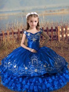 Royal Blue Lace Up Girls Pageant Dresses Embroidery and Ruffled Layers Sleeveless Floor Length