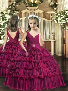 Fuchsia Sleeveless Beading and Ruffled Layers Floor Length Girls Pageant Dresses