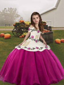 Hot Sale Fuchsia Ball Gowns Embroidery Kids Formal Wear Lace Up Organza Sleeveless Floor Length