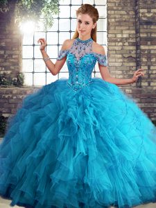 Custom Fit Halter Top Sleeveless 15th Birthday Dress Floor Length Beading and Ruffles Blue Tulle