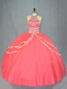 Beading and Ruffles Quinceanera Gowns Watermelon Red Lace Up Sleeveless Floor Length