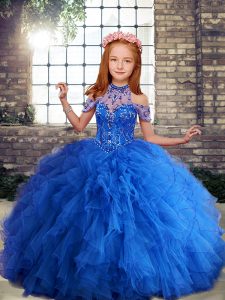 Customized Ball Gowns Evening Gowns Blue High-neck Tulle Sleeveless Floor Length Lace Up